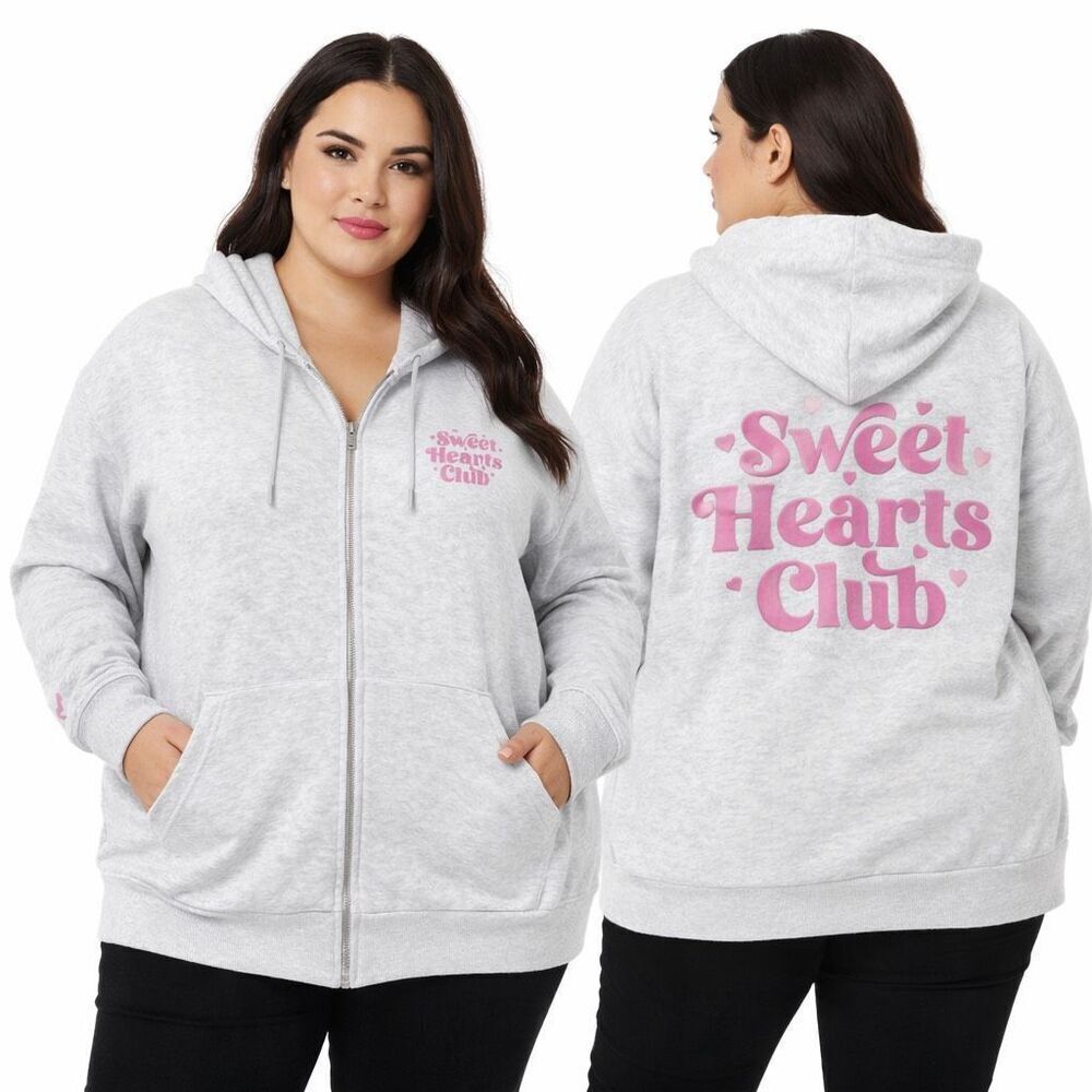 Sugar Kiss Sweet Hearts Club Graphic Zip Hoodie 2X Gray Pink Streetwear NWT